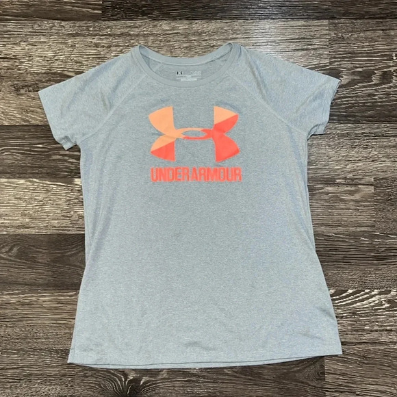 Under Armour girls t-shirt with peach and neon orange logo size large - Picture 1 of 3